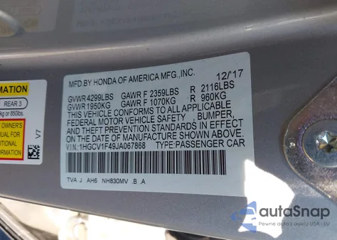 2018 Honda Accord Ex z USA, uszkodzony, nr VIN 1HGCV1F49JA067868
